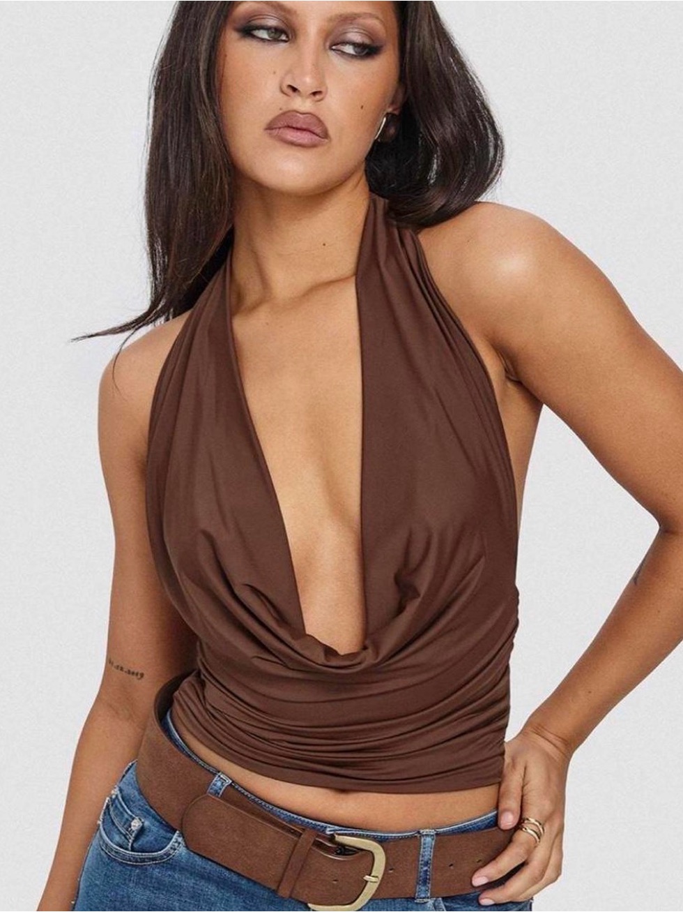 Princess Polly Brown Draped Halter Camisole